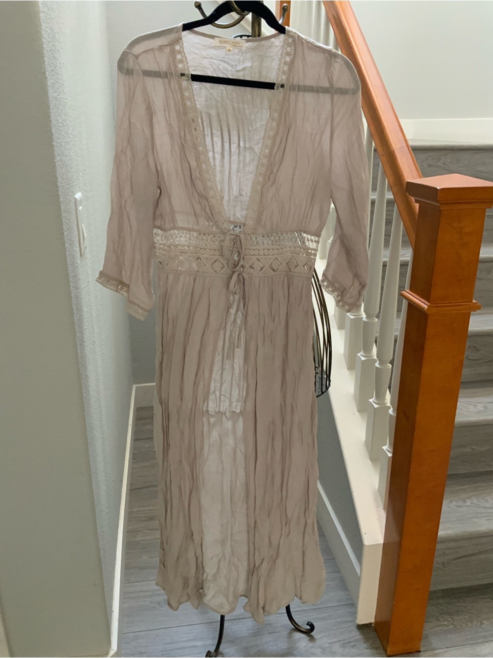 Light Taupe Sheer Lace-Trim Maxi Robe — Women’s Intimates Medium